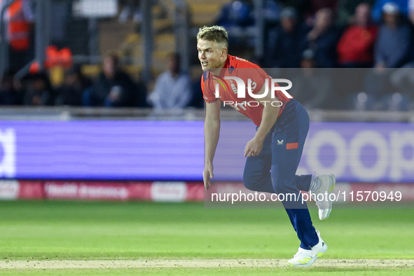 Sam Curran of England bowls during the Second Vitality T20 International match between England and Australia at Sofia Gardens in Cardiff, Wa...