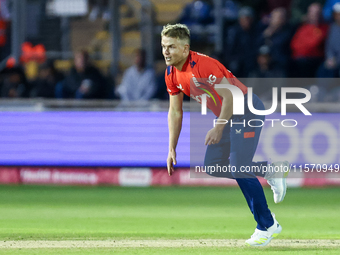 Sam Curran of England bowls during the Second Vitality T20 International match between England and Australia at Sofia Gardens in Cardiff, Wa...