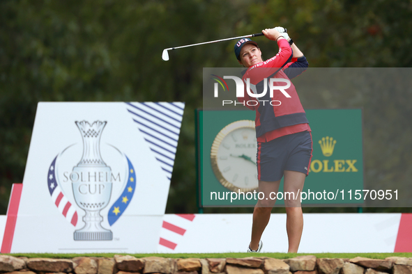 GAINESVILLE, VIRGINIA - SEPTEMBER 13: Ally Ewing of the United States hits from the 9th tee during Day One of the Solheim Cup at Robert Tren...