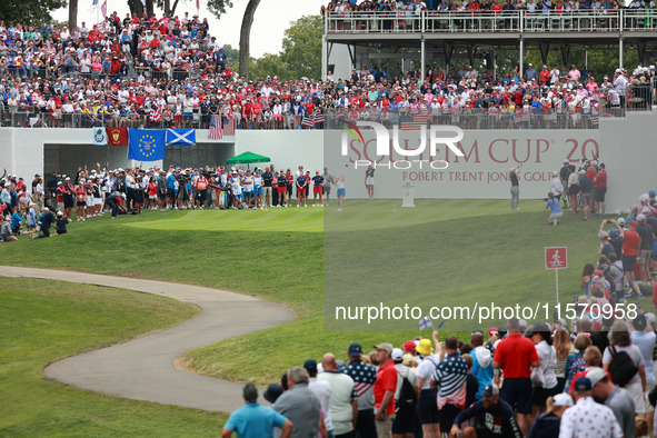 GAINESVILLE, VIRGINIA - SEPTEMBER 13: Leona Maguire of Team Europe plays her tee shot on the first hole during Fourball Matches on Day One o...