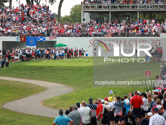 GAINESVILLE, VIRGINIA - SEPTEMBER 13: Leona Maguire of Team Europe plays her tee shot on the first hole during Fourball Matches on Day One o...