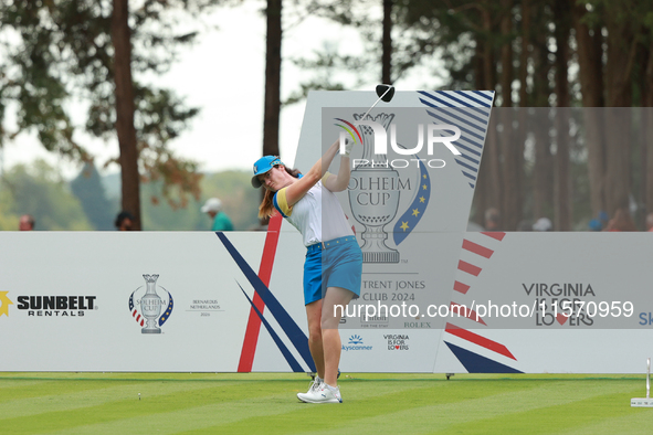 GAINESVILLE, VIRGINIA - SEPTEMBER 13: Leona Maguire of Team Europe plays her tee shot on the second hole during Fourball Matches on Day One...