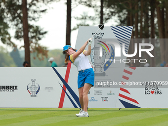 GAINESVILLE, VIRGINIA - SEPTEMBER 13: Leona Maguire of Team Europe plays her tee shot on the second hole during Fourball Matches on Day One...