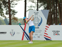 GAINESVILLE, VIRGINIA - SEPTEMBER 13: Leona Maguire of Team Europe plays her tee shot on the second hole during Fourball Matches on Day One...