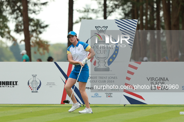 GAINESVILLE, VIRGINIA - SEPTEMBER 13: Leona Maguire of Team Europe plays her tee shot on the second hole during Fourball Matches on Day One...