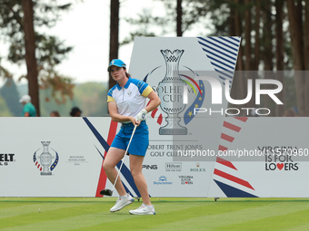 GAINESVILLE, VIRGINIA - SEPTEMBER 13: Leona Maguire of Team Europe plays her tee shot on the second hole during Fourball Matches on Day One...