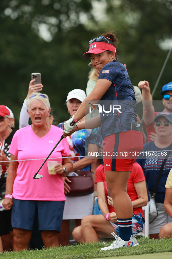 GAINESVILLE, VIRGINIA - SEPTEMBER 13: Megan Khang of the United States chips into the third green during Fourball Matches on Day One of the...