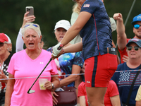 GAINESVILLE, VIRGINIA - SEPTEMBER 13: Megan Khang of the United States chips into the third green during Fourball Matches on Day One of the...