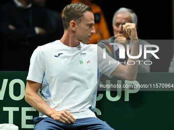 Italian Captain Filippo Volandri (ITA) during the 2024 Davis Cup Finals Group Stage Bologna match between Italy and Belgium at Unipol Arena...