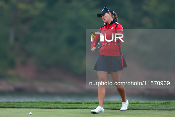 GAINESVILLE, VIRGINIA - SEPTEMBER 13: Jennifer Kupcho of the United States approaches her ball on the 9th green during Day One of the Solhei...