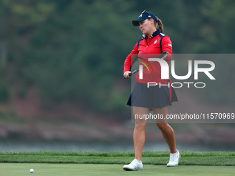 GAINESVILLE, VIRGINIA - SEPTEMBER 13: Jennifer Kupcho of the United States approaches her ball on the 9th green during Day One of the Solhei...