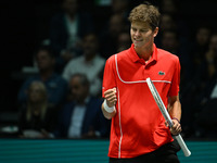 Alexander Blockx (BEL) is in action during the 2024 Davis Cup Finals Group Stage Bologna match between Italy and Belgium at Unipol Arena in...