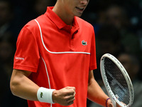 Alexander Blockx (BEL) is in action during the 2024 Davis Cup Finals Group Stage Bologna match between Italy and Belgium at Unipol Arena in...