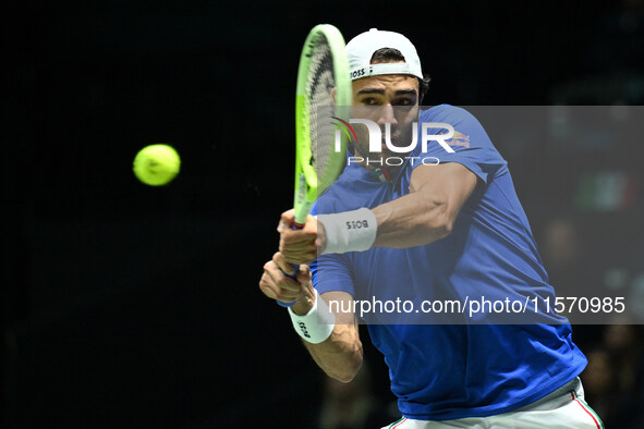 Matteo Berrettini (ITA) competes during the 2024 Davis Cup Finals Group Stage Bologna match between Italy and Belgium at Unipol Arena in Bol...