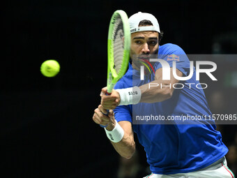 Matteo Berrettini (ITA) competes during the 2024 Davis Cup Finals Group Stage Bologna match between Italy and Belgium at Unipol Arena in Bol...