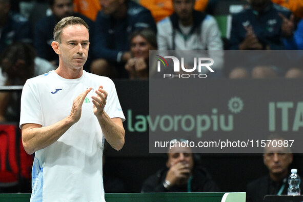 Italian Captain Filippo Volandri (ITA) during the 2024 Davis Cup Finals Group Stage Bologna match between Italy and Belgium at Unipol Arena...