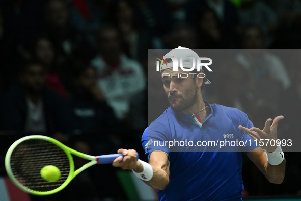 Matteo Berrettini (ITA) competes during the 2024 Davis Cup Finals Group Stage Bologna match between Italy and Belgium at Unipol Arena in Bol...