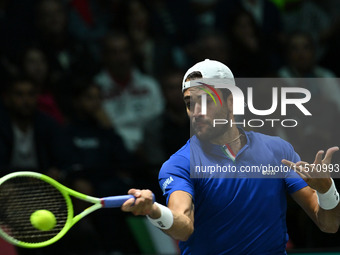 Matteo Berrettini (ITA) competes during the 2024 Davis Cup Finals Group Stage Bologna match between Italy and Belgium at Unipol Arena in Bol...