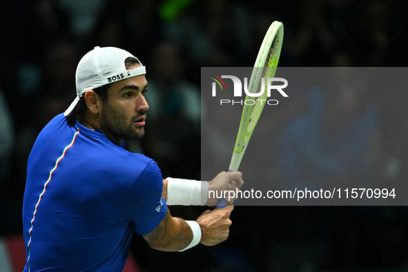 Matteo Berrettini (ITA) competes during the 2024 Davis Cup Finals Group Stage Bologna match between Italy and Belgium at Unipol Arena in Bol...