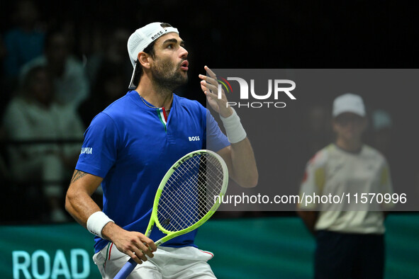 Matteo Berrettini (ITA) competes during the 2024 Davis Cup Finals Group Stage Bologna match between Italy and Belgium at Unipol Arena in Bol...