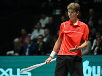 Alexander Blockx (BEL) is in action during the 2024 Davis Cup Finals Group Stage Bologna match between Italy and Belgium at Unipol Arena in...