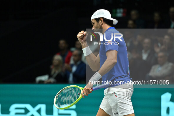 Matteo Berrettini (ITA) competes during the 2024 Davis Cup Finals Group Stage Bologna match between Italy and Belgium at Unipol Arena in Bol...