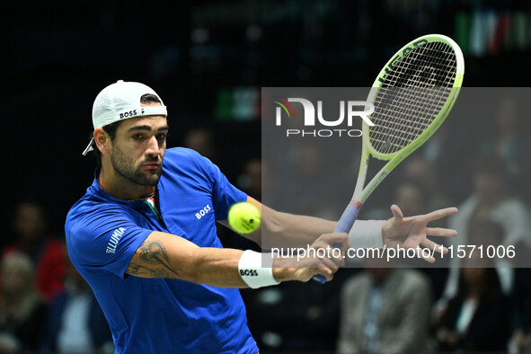 Matteo Berrettini (ITA) competes during the 2024 Davis Cup Finals Group Stage Bologna match between Italy and Belgium at Unipol Arena in Bol...