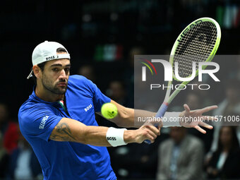 Matteo Berrettini (ITA) competes during the 2024 Davis Cup Finals Group Stage Bologna match between Italy and Belgium at Unipol Arena in Bol...