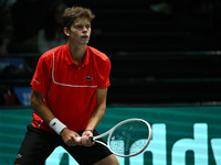 Alexander Blockx (BEL) is in action during the 2024 Davis Cup Finals Group Stage Bologna match between Italy and Belgium at Unipol Arena in...