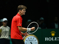 Alexander Blockx (BEL) is in action during the 2024 Davis Cup Finals Group Stage Bologna match between Italy and Belgium at Unipol Arena in...