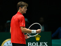 Alexander Blockx (BEL) is in action during the 2024 Davis Cup Finals Group Stage Bologna match between Italy and Belgium at Unipol Arena in...