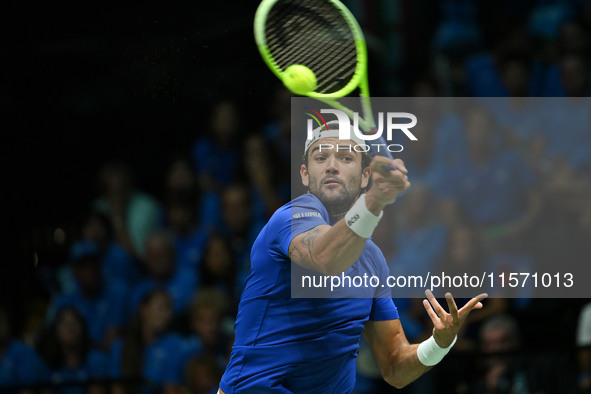 Matteo Berrettini (ITA) competes during the 2024 Davis Cup Finals Group Stage Bologna match between Italy and Belgium at Unipol Arena in Bol...