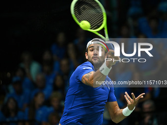 Matteo Berrettini (ITA) competes during the 2024 Davis Cup Finals Group Stage Bologna match between Italy and Belgium at Unipol Arena in Bol...