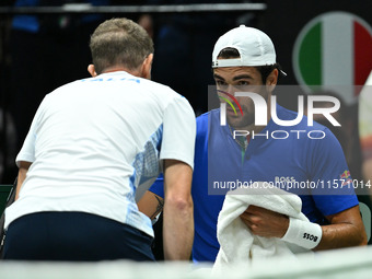 Matteo Berrettini (ITA) competes during the 2024 Davis Cup Finals Group Stage Bologna match between Italy and Belgium at Unipol Arena in Bol...