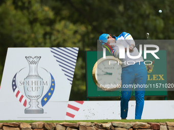 GAINESVILLE, VIRGINIA - SEPTEMBER 13: Carlota Ciganda of Team Europe hits from the 9th tee during Day One of the Solheim Cup at Robert Trent...