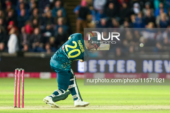 Aaron Hardie of Australia hits it to the boundary for 4 during the Second Vitality T20 International match between England and Australia in...