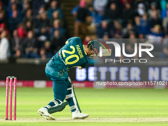 Aaron Hardie of Australia hits it to the boundary for 4 during the Second Vitality T20 International match between England and Australia in...