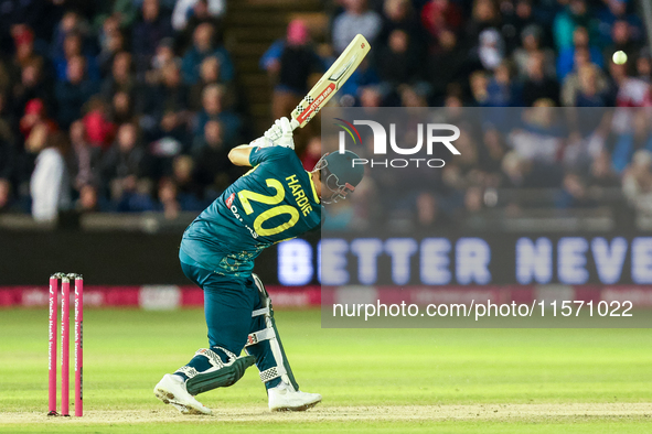 Aaron Hardie of Australia hits it to the boundary for 4 during the Second Vitality T20 International match between England and Australia in...