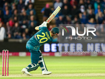 Aaron Hardie of Australia hits it to the boundary for 4 during the Second Vitality T20 International match between England and Australia in...