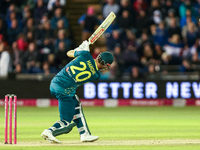 Aaron Hardie of Australia hits it to the boundary for 4 during the Second Vitality T20 International match between England and Australia in...