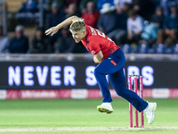 Sam Curran of England is in action during the Second Vitality T20 International match between England and Australia at Sofia Gardens in Card...