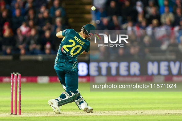 Aaron Hardie of Australia hits it over the boundary for 6 during the Second Vitality T20 International match between England and Australia a...