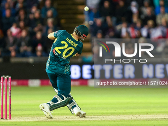 Aaron Hardie of Australia hits it over the boundary for 6 during the Second Vitality T20 International match between England and Australia a...