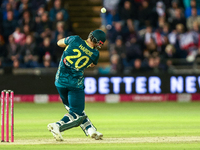 Aaron Hardie of Australia hits it over the boundary for 6 during the Second Vitality T20 International match between England and Australia a...