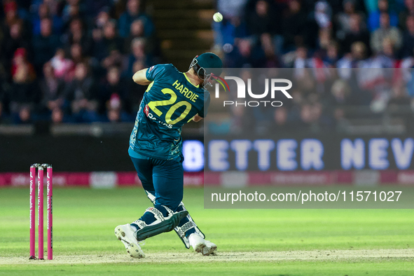 Aaron Hardie of Australia hits it over the boundary for 6 during the Second Vitality T20 International match between England and Australia a...