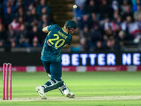 Aaron Hardie of Australia hits it over the boundary for 6 during the Second Vitality T20 International match between England and Australia a...