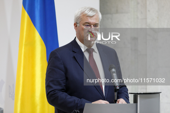 Minister of Foreign Affairs of Ukraine Andrii Sybiha attends a joint news conference with Minister of Foreign Affairs of the Republic of Pol...