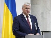 Minister of Foreign Affairs of Ukraine Andrii Sybiha attends a joint news conference with Minister of Foreign Affairs of the Republic of Pol...