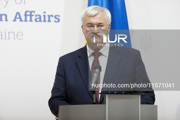 Minister of Foreign Affairs of Ukraine Andrii Sybiha attends a joint news conference with Minister of Foreign Affairs of the Republic of Pol...