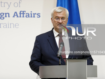 Minister of Foreign Affairs of Ukraine Andrii Sybiha attends a joint news conference with Minister of Foreign Affairs of the Republic of Pol...